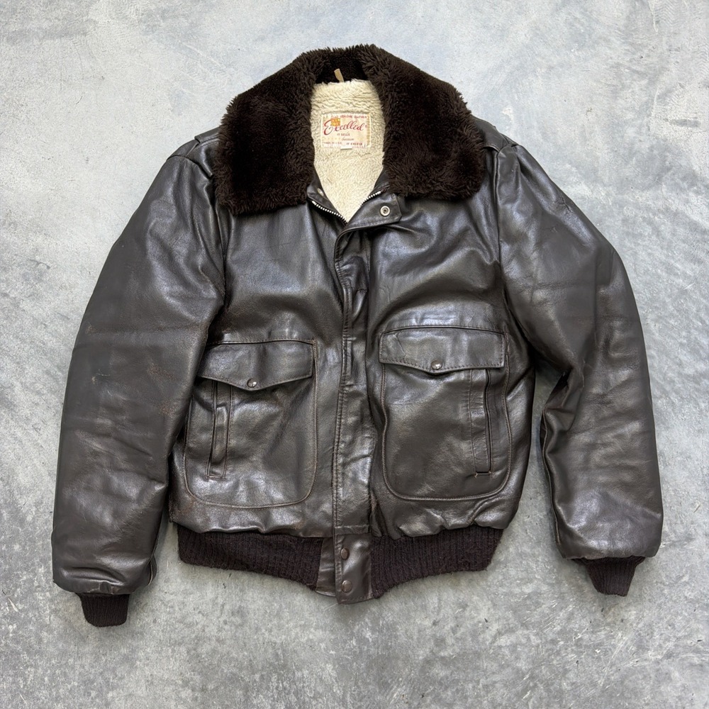 Vintage Excelled Leather Bomber Jacket Mens 46T Brown G-1 Flight Faux Fur Collar
